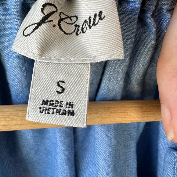 J. Crew Chambray Peasant Top S Puff Sleeve Tie Neck Blouse Cottagecore - Picture 3 of 7